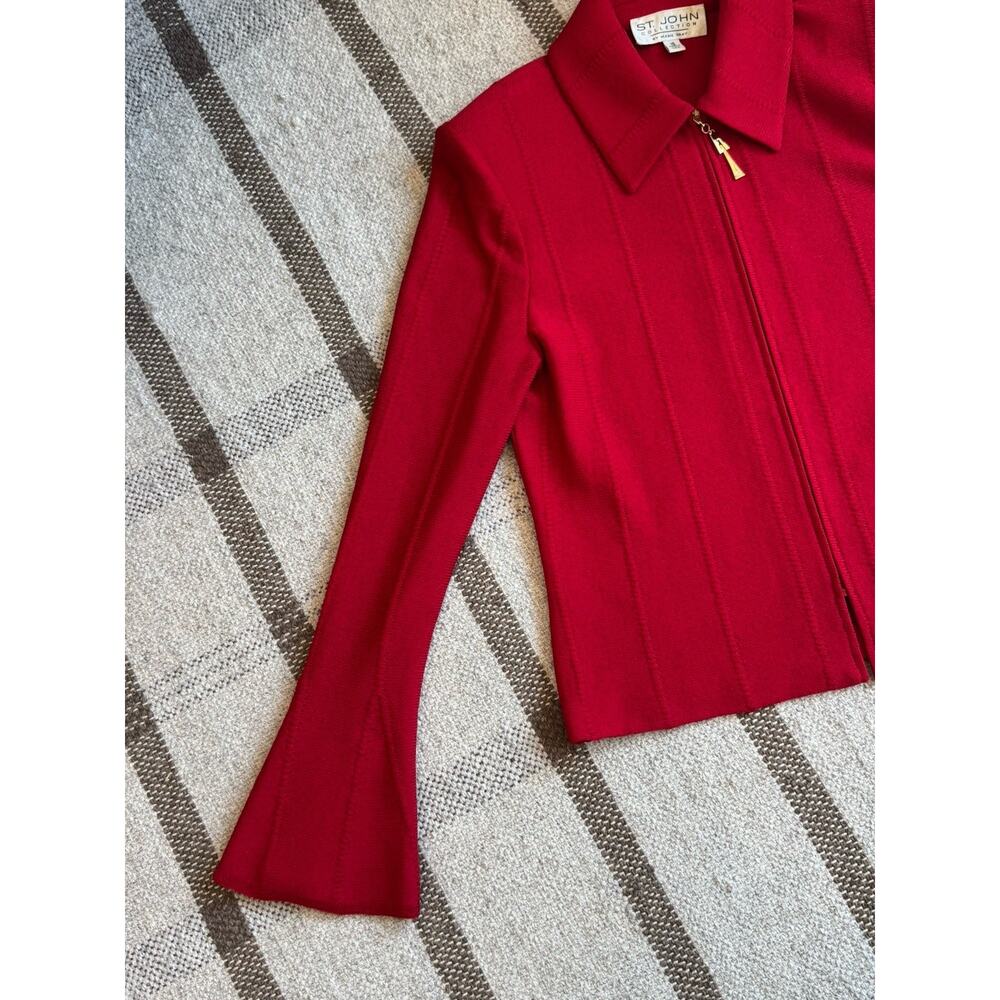 St John Marie Gray Red Jacket Bell Sleeve 10 Zip Large Crop Blazer Wool Vintage - Picture 3 of 10